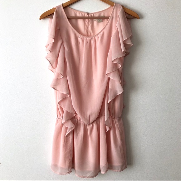 Peach Pink Mini Dress with Flutter Sleeve Detail - Picture 1 of 7
